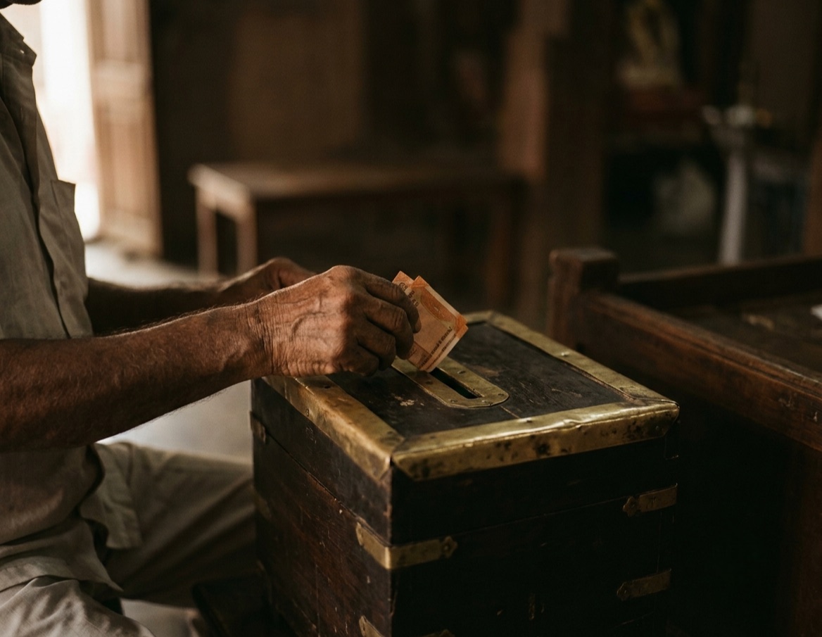 A hand places folded rupee notes into the slot of a brass-bound wooden collection box
